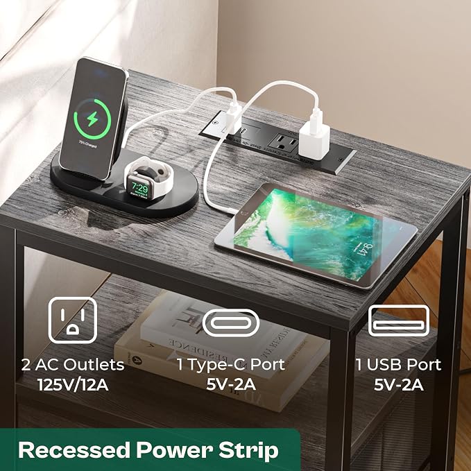 Huuger Nightstand with Charging Station, 27.6 Inch Bedside Table, Side Table | - Image 4