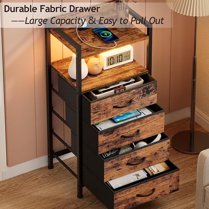 Night Stand with Charging Station, 4 Drawer Tall Bedside Table | small dresser - Image 8