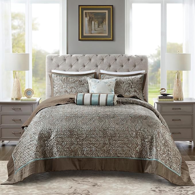 Madison Park Reversible Jacquard Quilted Queen Bedspread Set Blue/Brown by MADISONPARK