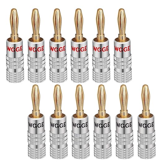 WGGE WG-009 Banana Plugs Audio Jack Connector, 24k Gold Dual Screw Lock Speaker Connector for Speaker Wire, Wall Plate, Home Theater, Audio/Video Receiver and Sound Systems (6 Pairs / 12 pcs)