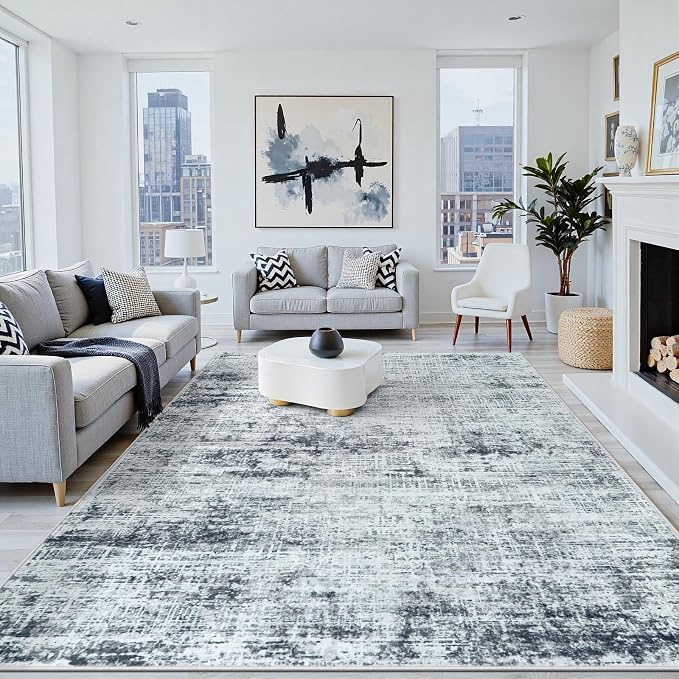 6x9 Washable Area Rug for Living Room Bedroom: Non-Slip Modern Black Grey | by Oriannal