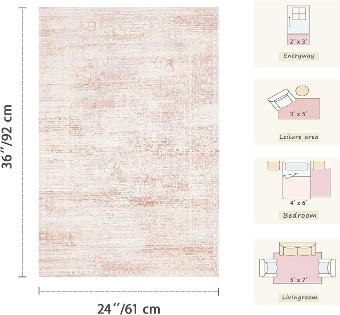 Latte&Fog Entryway Rug 2x3 Washable Non Slip Pink Area Rugs - Image 2