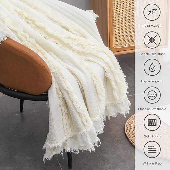 Ultra Soft Pre-Washed Quilted Boho Cream Twin Size Blankets for Bed, Ruffle Fringed Decorative Throw, Stone Washed Chic Rustic Blanket for Sofa Couch Bed, 60"*80"