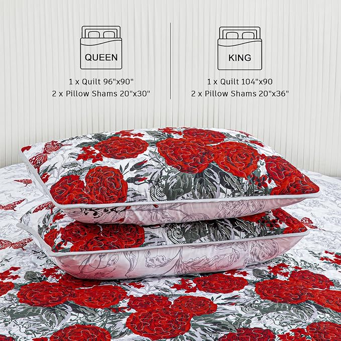 Yiran Full Size Quilt Red, Rose Floral Bedspread Bedding Set | 3 Pieces - Image 6