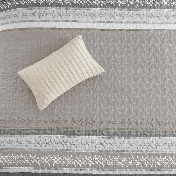 Cottolester Quilt Set Queen, Taupe Grey Striped Patchwork Bedspread | Modern - Image 8
