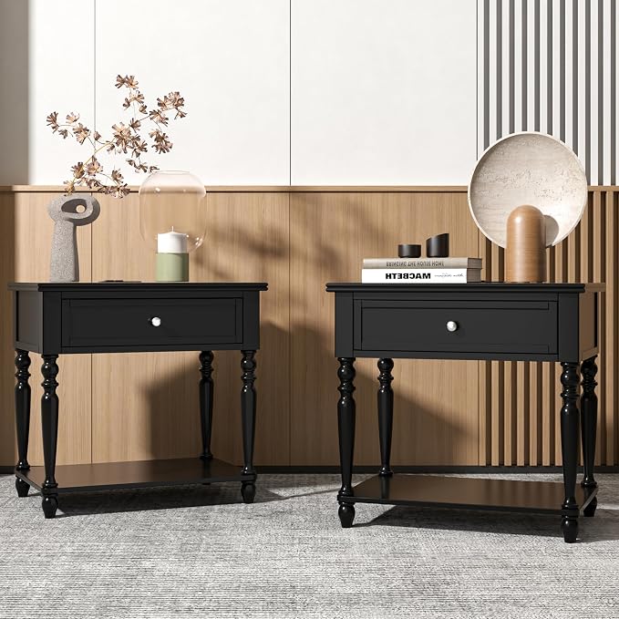 Solid Wood Nightstand with Charging Station, Traditional End Table with Drawers by Owipaw