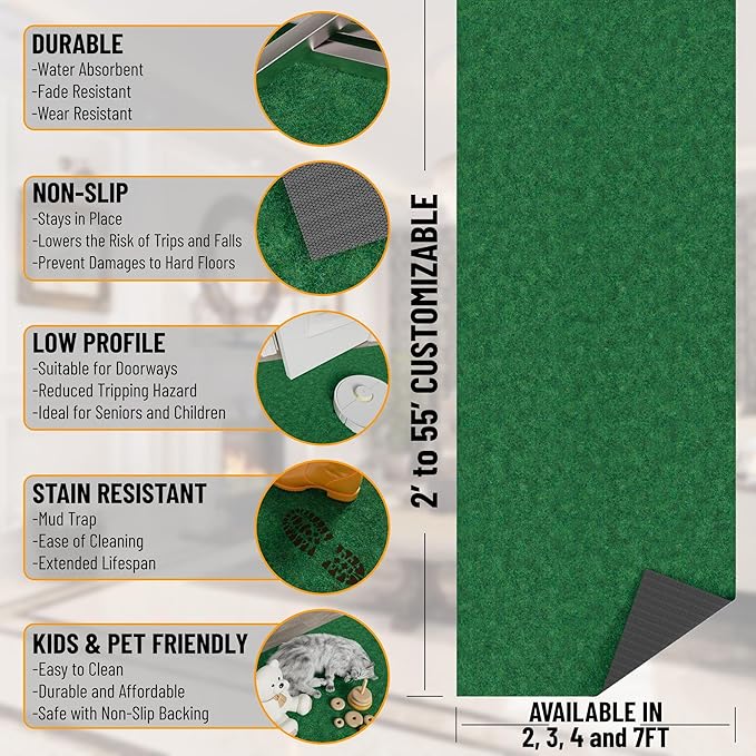 Ottomanson 2'7" x 36' Hallway Runner with Scraper Pile - Extra Durable Non-Slip Rug Mat for Indoor & Outdoor Use - Ideal for Kitchen, Entryway & Garage - High-Traffic Carpet, Green