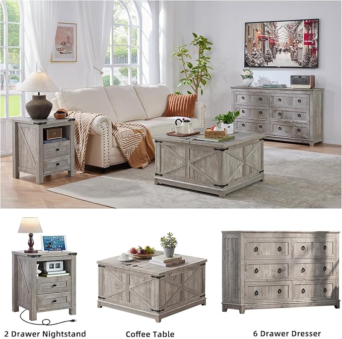 Joaxswe Nightstand with Charging Station and 2 Drawers, Farmhouse | Light Drey - Image 6