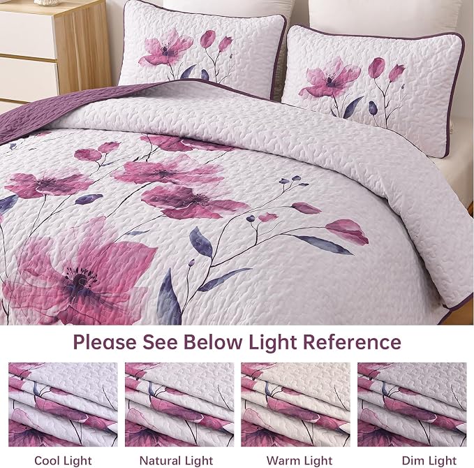 Mybedsoul Floral Quilt Set King Size, 3 Pieces Rose Pink Bedspread Coverlet Set - Image 7