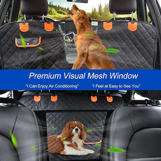 Dog Car Seat Cover for Back Seat 600D Scratchproof Nonslip Durable Waterproof Cars Pet Backseat Covers with Mesh Window Dogs Hammock for Car，SUV, Truck (54" W x 58" L)
