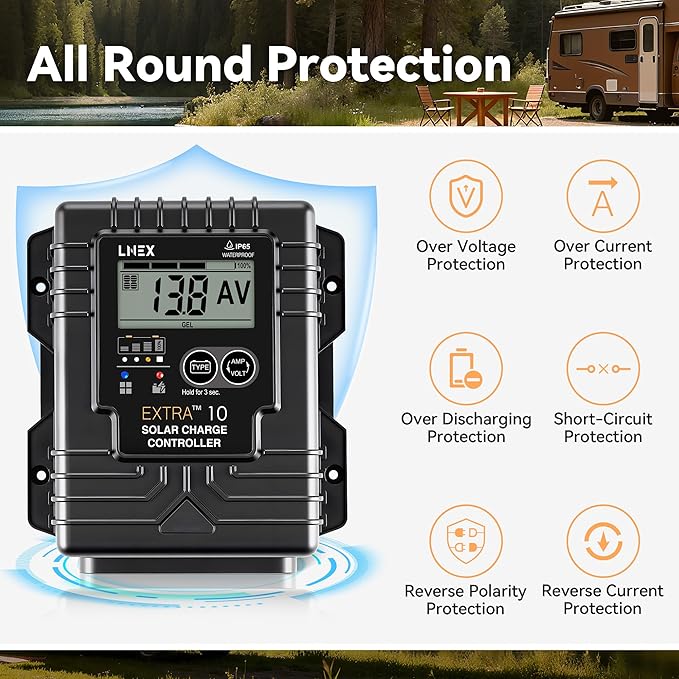 LNEX Solar Charge Controller Waterproof, 10A Solar Panel Regulator with Temp Sensor,Backlit LCD, 12V/24V PWM Solar Controller for LiFePO4,AGM, Gel, Flooded and Lithium Battery