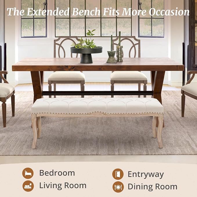 Bedroom Bench, French Vintage Entryway Bench 52.5" Carving Upholstered End of - Image 6