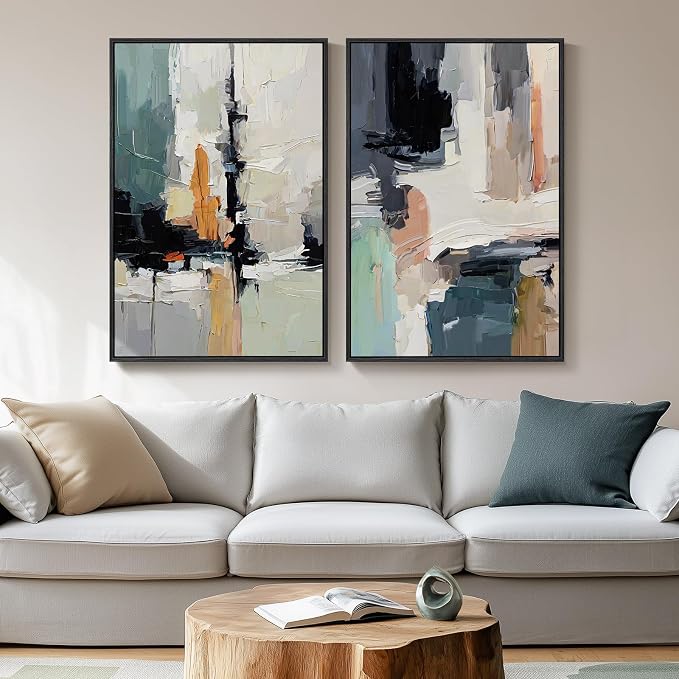 Large Framed Colorful Abstract Wall Art, Bright Blue Green Multicolor Pictures - Image 2