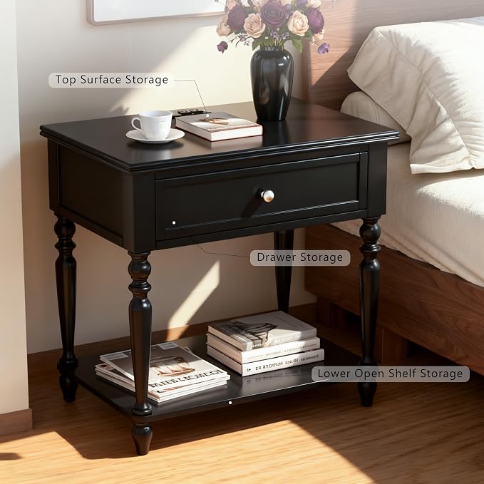 Solid Wood Nightstand with Charging Station, Traditional End Table with Drawers - Image 5