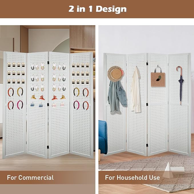 4 Panel Pegboard Room Divider | White Wood Folding Privacy Screen - Image 6
