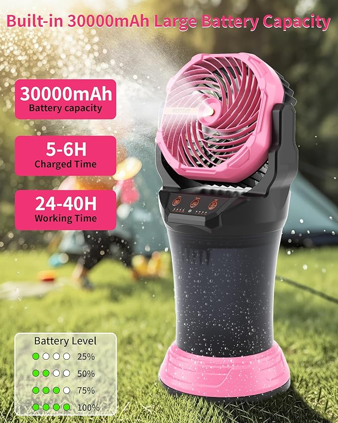 WESTTREE Portable Misting Fan with Large Battery Fan-Rechargeable Outdoor Misting Cooling Fans with 2L Water Tank,RGB Lights,4 Speeds & Spray Modes-for Patio, Camping, Beach, Workshop (Pink)