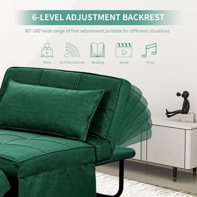 Green Sofa Bed, Convertible Chair 4 in 1 Multi-Function Modern Folding Ottoman - Image 4