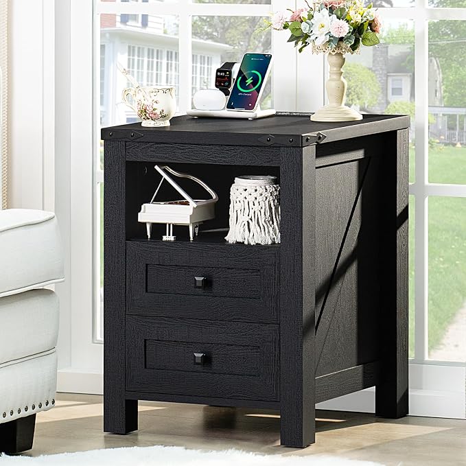 Joaxswe Nightstand with Charging Station and 2 Drawers, Farmhouse | Black Night by Joaxswe