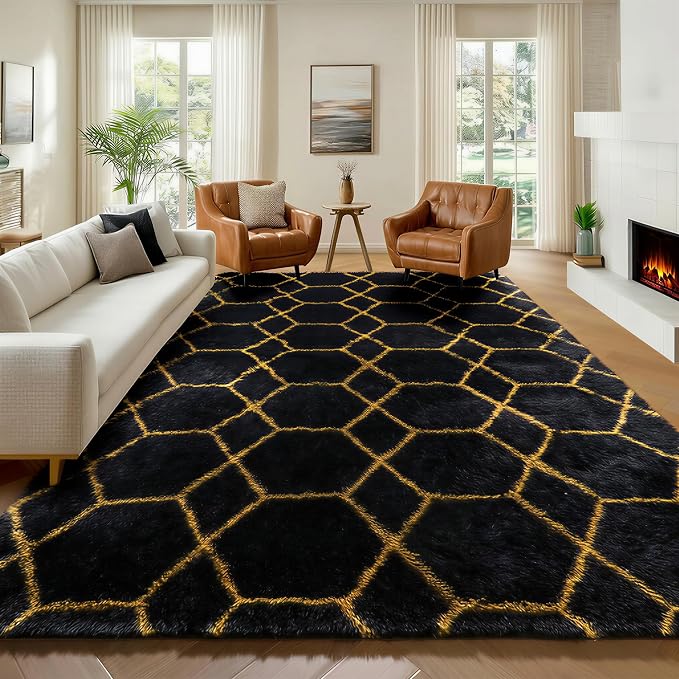 6x9 Area Rugs for Living Room Bedroom, Large Fluffy Black and Gold Throw Rug by ONASAR