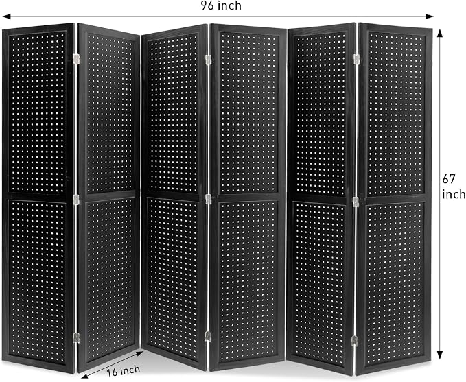 6 Panel Pegboard Room Divider | Black Wood Folding Privacy Screen - Image 2