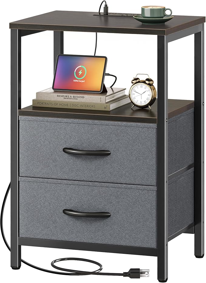 Huuger Nightstand with Charging Station, Side Table with Fabric Drawers | End by Huuger