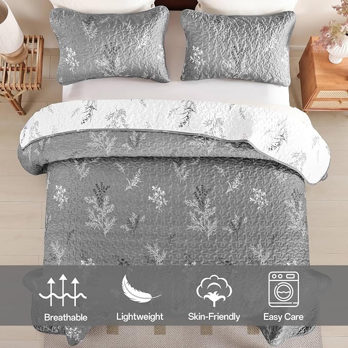 DJY Queen Size Grey Botanical Quilt Set, Floral Bedspread Coverlet | - Image 2