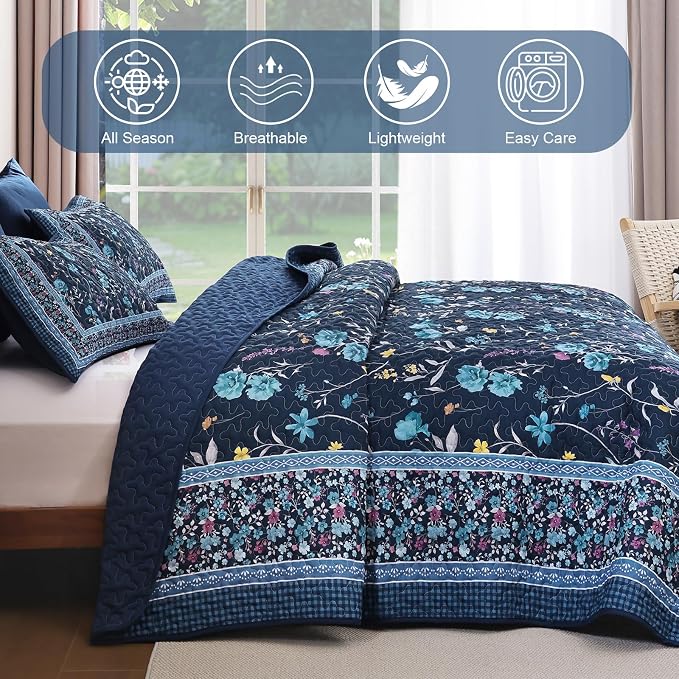 WONGS BEDDING Floral Quilts Set Queen, Microfiber Lightweight Farmhouse Bed - Image 5