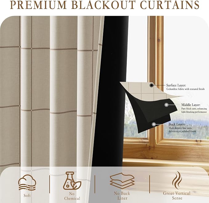 NICETOWN 100% Blackout Taupe Plaid Curtains - Image 6