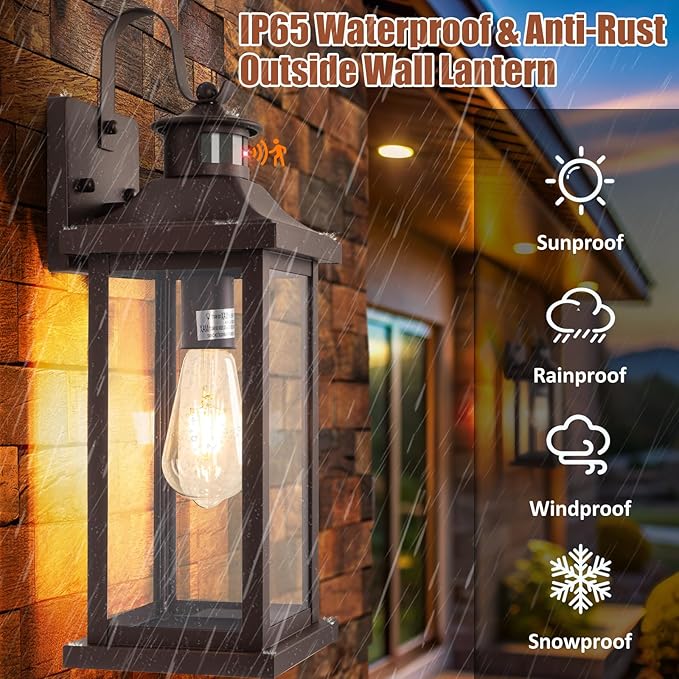 Roravilila 1-Pack 18 Inch Oil Rubbed Bronze Motion Sensor Outdoor Wall Lantern IP65 Waterproof, Large Brown Dusk to Dawn Outdoor Light for House Clear Glass Outside Wall Mounted Lamps Front Door
