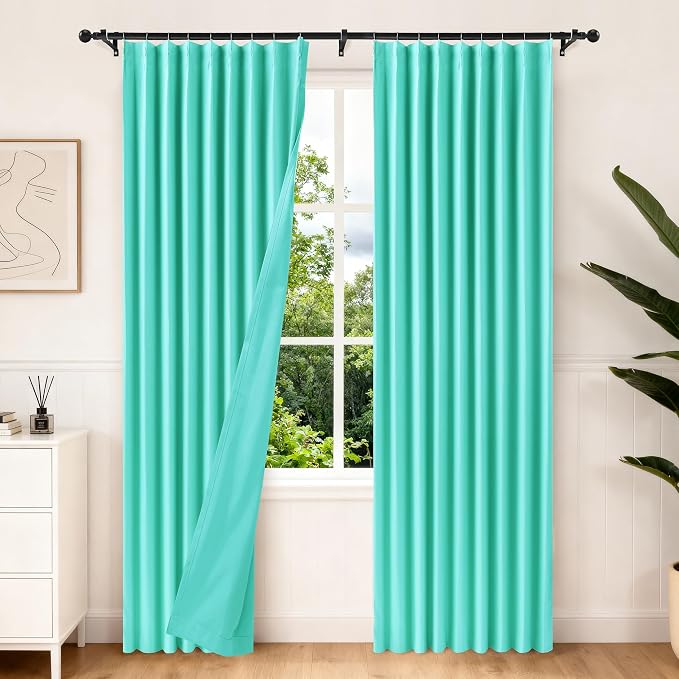 Etherealveil Turquoise Green Pinch Pleated Blackout Curtains 2P 60"x84" | Back by Etherealveil