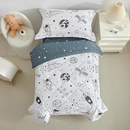 DuShow 4 Piece Toddler Bedding Set for Boys,White Space Crib Bedding Sheets Set,Soft Toddler Comforter Set Bed in a Bag | Include Comforter,Flat Sheet,Fitted Sheet,Pillowcase