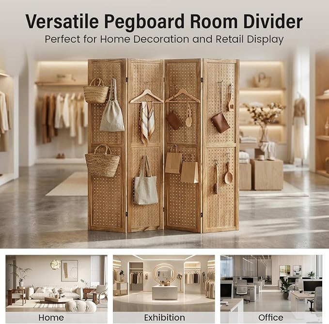 4 Panel Pegboard Room Divider, Folding Privacy Screen, Natural | 5.6 Ft Tall - Image 5