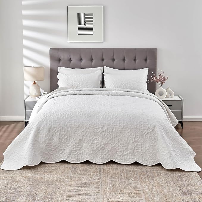 Kingnex 106x96 King Size Lightweight Bedspread Coverlet Set White | 3 Pcs - Image 2