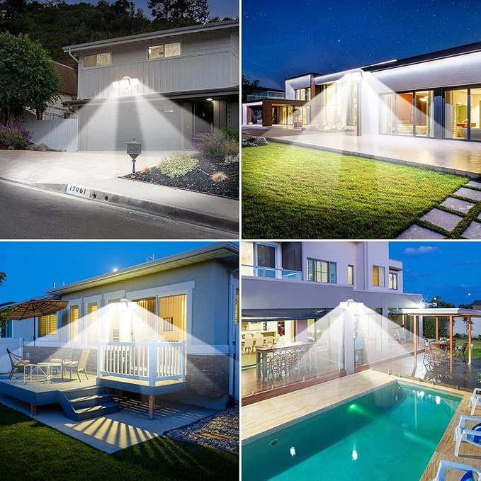 PURICH LED Security Lights Motion Sensor Outdoor Lights, 5000K Daylight, IP65 Waterproof, Dusk to Dawn, 3-Head Motion Detected Flood Light for Garage, Yard, Porch, White, 2 Pack