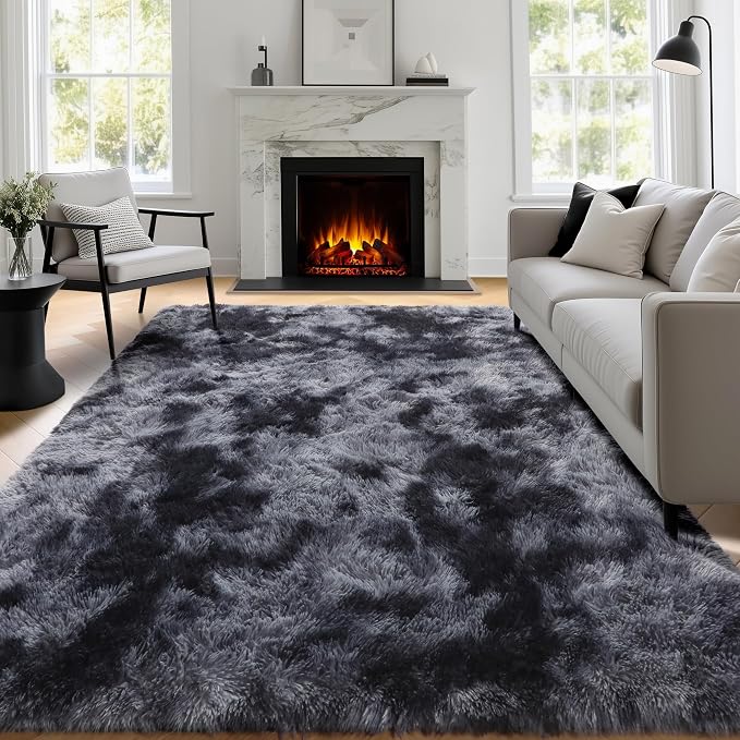 Abstract Soft Shaggy Rugs for Living Room 5x8 Ft, Tie-Dyed Grey Fluffy Rugs for - Image 7