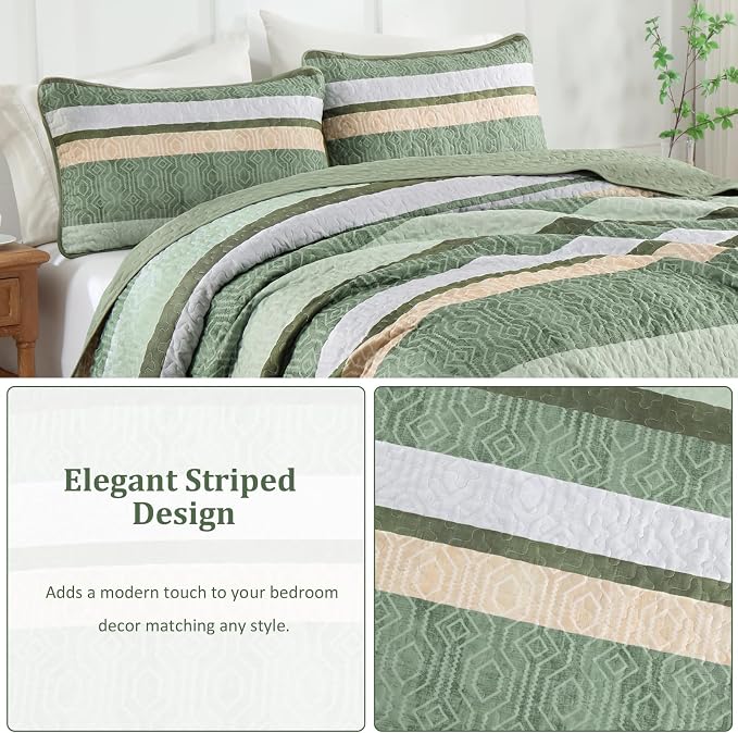 Dobuyly Striped Quilt King Size, Boho Green Lightweight Bedspread Bedding | - Image 9