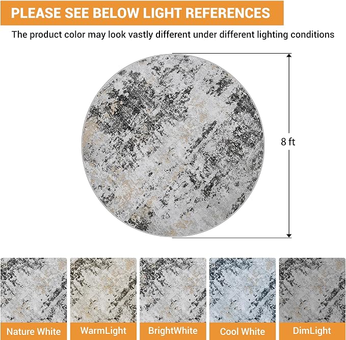 Round Rug 8ft Washable Rug for Dining Room Living Room Black Grey Gold | Modern - Image 2