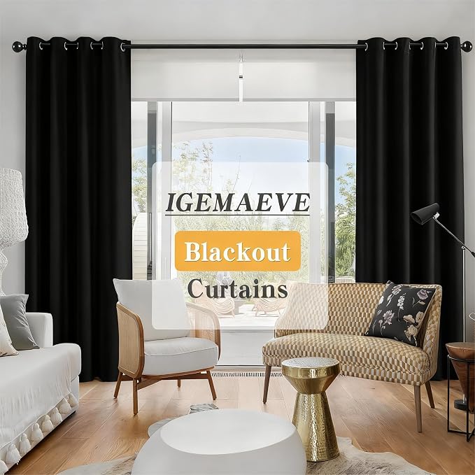 IGEMAEVE Blackout Curtains for Bedroom Grommet Black 52" W x 90" L | Bedroom | - Image 2