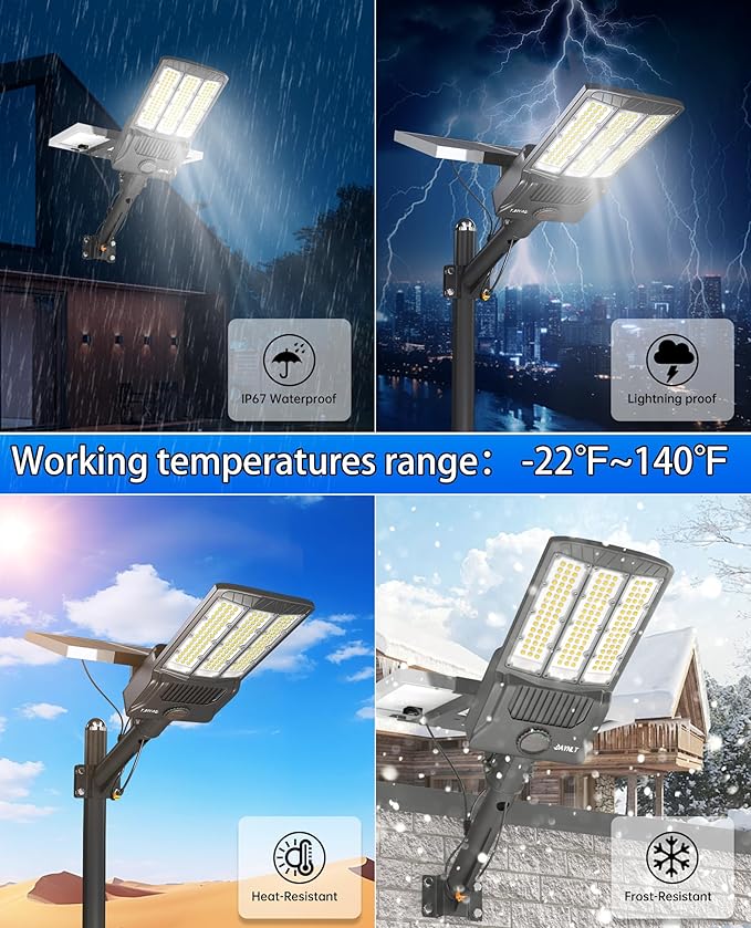 JAYNLT Y-6500W Solar Street Lights Outdoor, 650000LM 6500K High Powered Commercial Parking Lot Lights Dusk to Dawn, Waterproof Solar Security Flood Lamps with Remote for Driveways, Basketball Courts