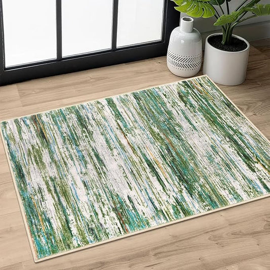 2x3 Modern Abstract Rug for Entryway, Green Grey Multi Super Soft Small Washable Area Rug, Non-Slip Kitchen Rugs, Low-Pile Mat for Bedside, Foyer, Indoor Door Mat