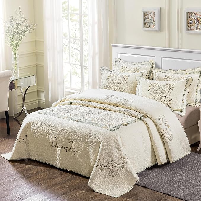 ROOMLIFE 100% Cotton Quilt Set King 3D Floral Embroidery Pattern 3-Piece | by ROOMLIFE