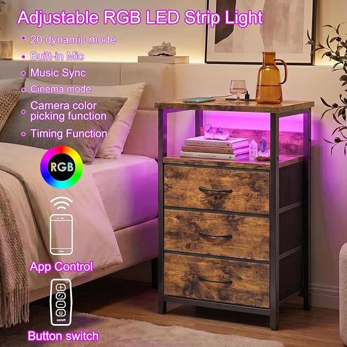 Fixwal Night Stand with 3 Fabric Drawers, Nightstand with Charging Station | - Image 4