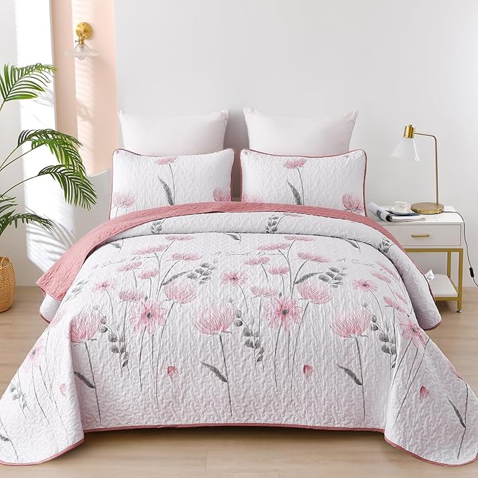 Dinjoy Quilt Set King, 3 Pieces Pink Boho Floral Bedspreads, Fall Bedding | by DINJOY