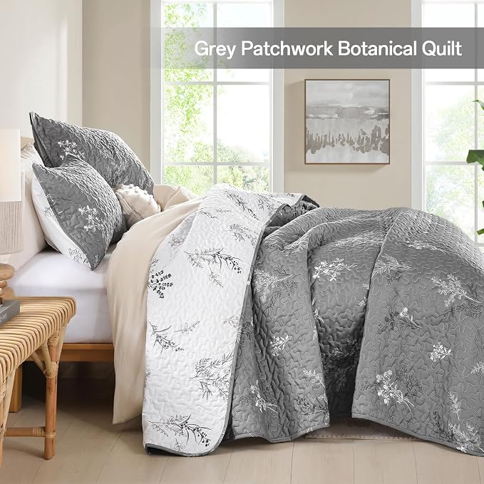 DJY Queen Size Grey Botanical Quilt Set, Floral Bedspread Coverlet | - Image 5