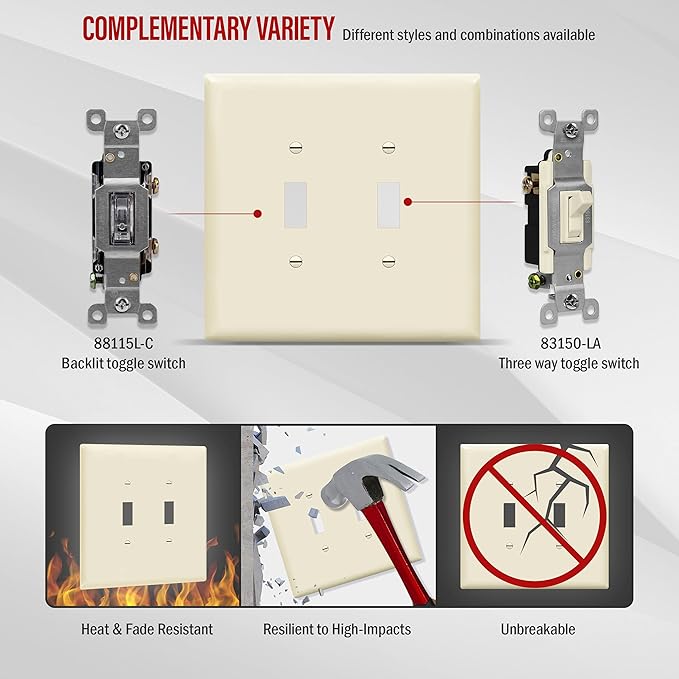 ENERLITES Jumbo Double Toggle Switch Cover, Two Gang Light Switch Wall Plate, Gloss Finish, Oversized 2-Gang 5.5" x 5.5", Unbreakable Polycarbonate Thermoplastic, UL Listed, 8812O-LA, Light Almond