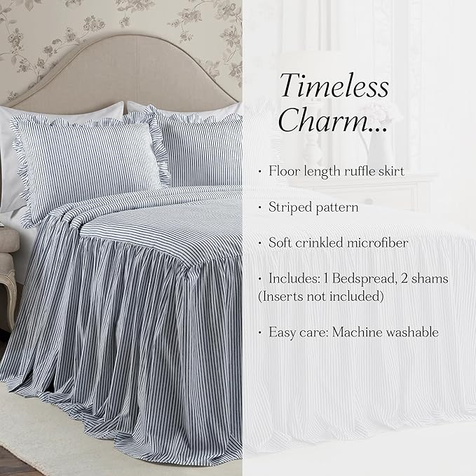 Lush Decor Ticking Stripe Bedspread King Size 3 Piece Set Navy - Image 6