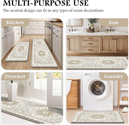 Boho Kitchen Mats for Floor 2 Piece Set Anti Fatigue Cushioned PVC Kitchen Rugs Non Slip Waterproof Farmhouse Mats 2/5 Inch Comfort Standing Mat for Sink, Laundry, 17.3"x59"+17.3"x28", Beige Tan
