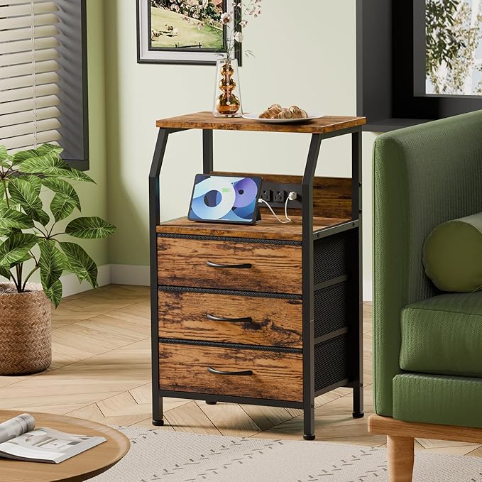 Night Stand with Charging Station, 3 Fabric Drawers Bedside Table | Rustic - Image 4
