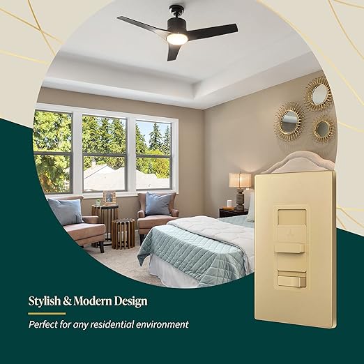 TOPGREENER Kalide Light Switch and 3-Speed Ceiling Fan Control Combo, in Wall Light and Fan Combination Switch, Single Pole, 2.5A, 720W, Neutral Wire Not Required, TGSFS3-GD, Gold