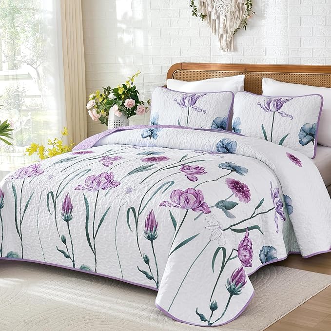 WONGS BEDDING Purple Queen Quilt Set, 3 Pieces Light Purple Floral Bedspread - Image 2